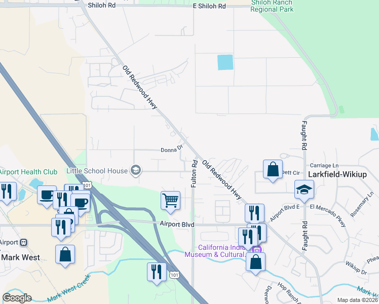 map of restaurants, bars, coffee shops, grocery stores, and more near 77 Ranchito Court in Santa Rosa