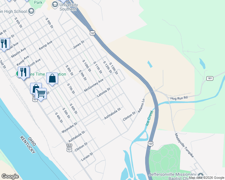 map of restaurants, bars, coffee shops, grocery stores, and more near 2729 South 11th Street in Ironton