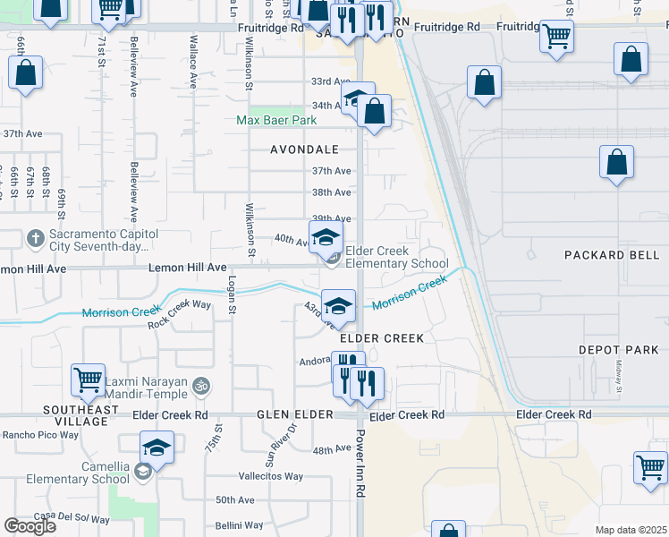 map of restaurants, bars, coffee shops, grocery stores, and more near 7934 Lemon Hill Avenue in Sacramento