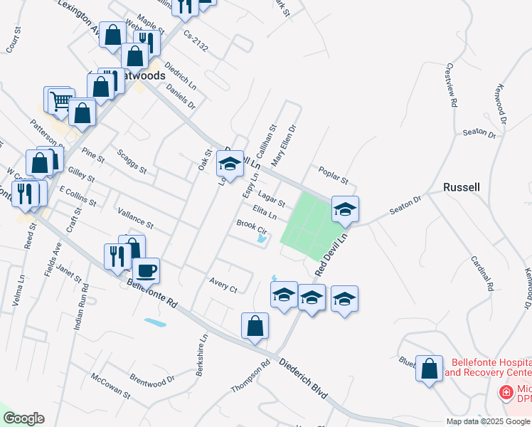 map of restaurants, bars, coffee shops, grocery stores, and more near 701 Elita Lane in Flatwoods