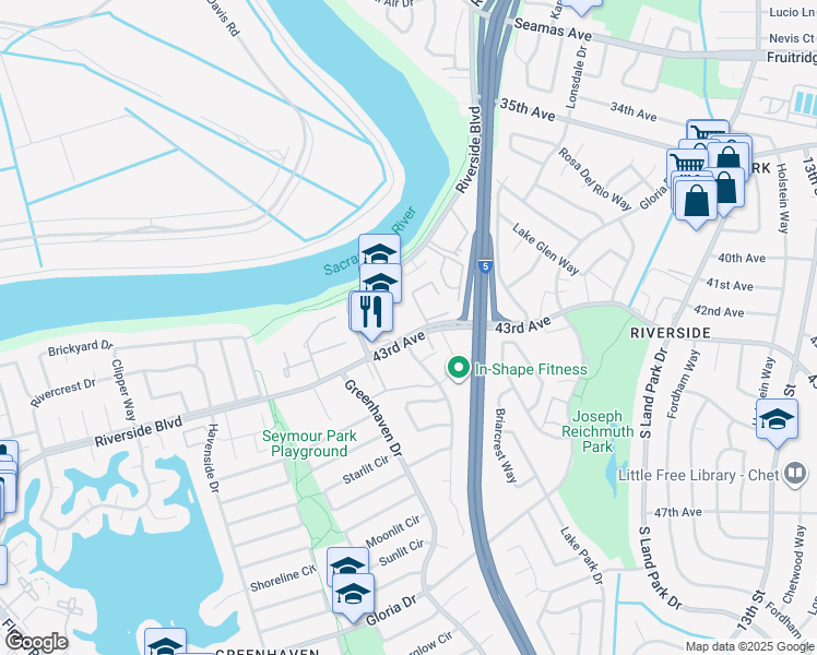map of restaurants, bars, coffee shops, grocery stores, and more near 920 43rd Avenue in Sacramento