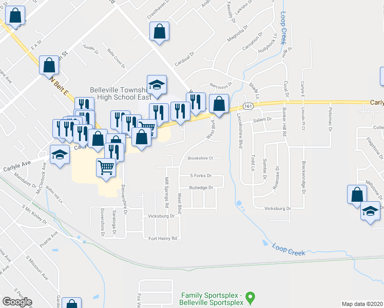 map of restaurants, bars, coffee shops, grocery stores, and more near 1016 Brookshire Court in Belleville