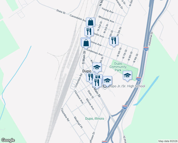 map of restaurants, bars, coffee shops, grocery stores, and more near in Dupo