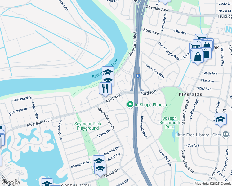 map of restaurants, bars, coffee shops, grocery stores, and more near 920 43rd Avenue in Sacramento