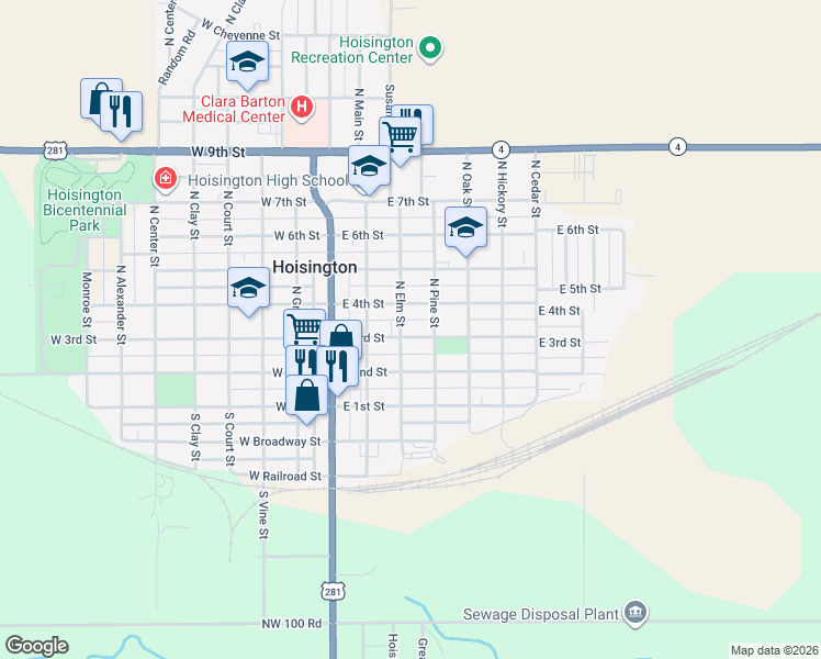 map of restaurants, bars, coffee shops, grocery stores, and more near 211 North Elm Street in Hoisington