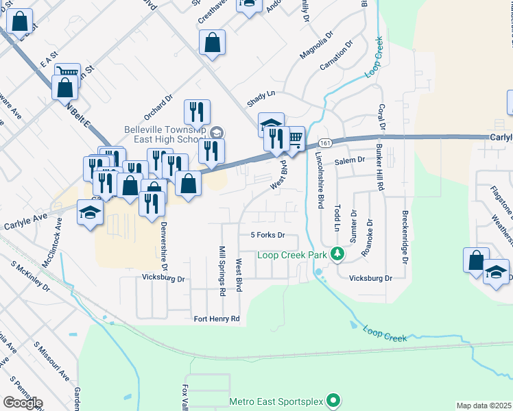 map of restaurants, bars, coffee shops, grocery stores, and more near 2804 West Boulevard in Belleville