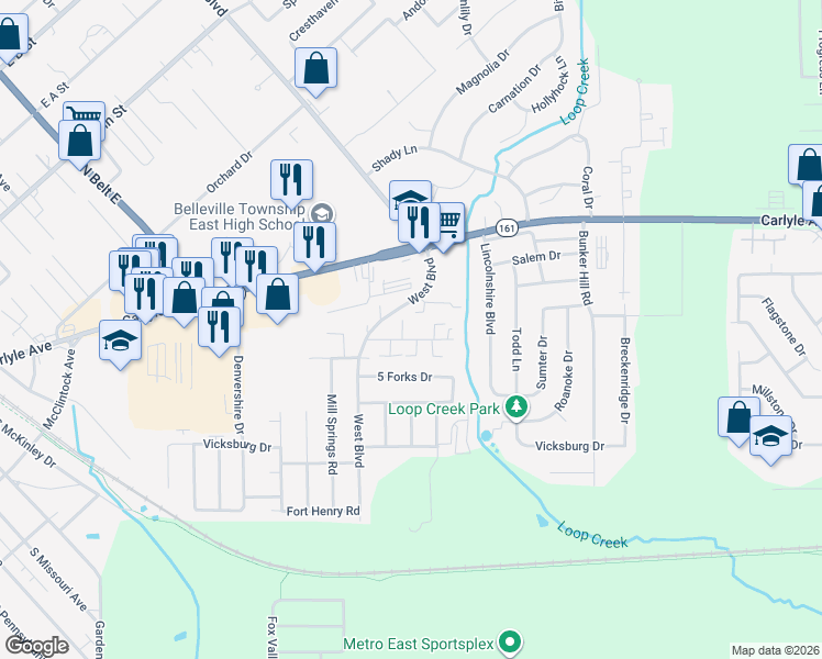 map of restaurants, bars, coffee shops, grocery stores, and more near 1021 Brookshire Court in Belleville