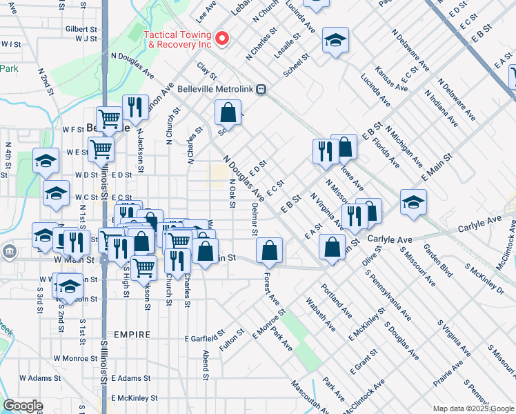 map of restaurants, bars, coffee shops, grocery stores, and more near 122 Delmar Street in Belleville