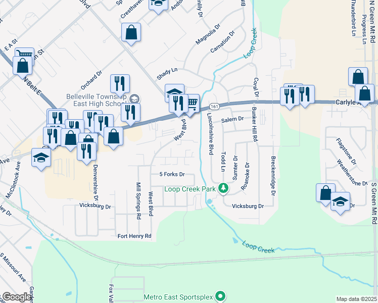map of restaurants, bars, coffee shops, grocery stores, and more near 1040 Brookshire Court in Belleville