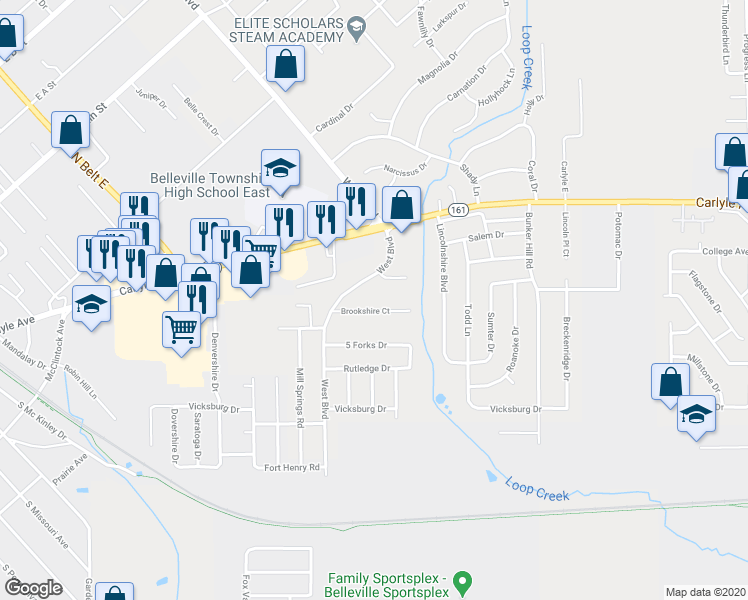 map of restaurants, bars, coffee shops, grocery stores, and more near 1016 Brookshire Court in Belleville