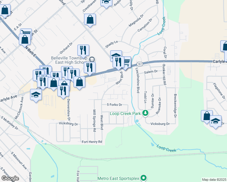 map of restaurants, bars, coffee shops, grocery stores, and more near 1016 Brookshire Court in Belleville