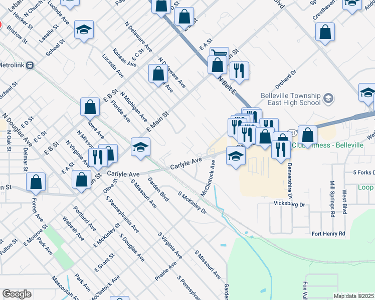 map of restaurants, bars, coffee shops, grocery stores, and more near 305 Carlyle Avenue in Belleville