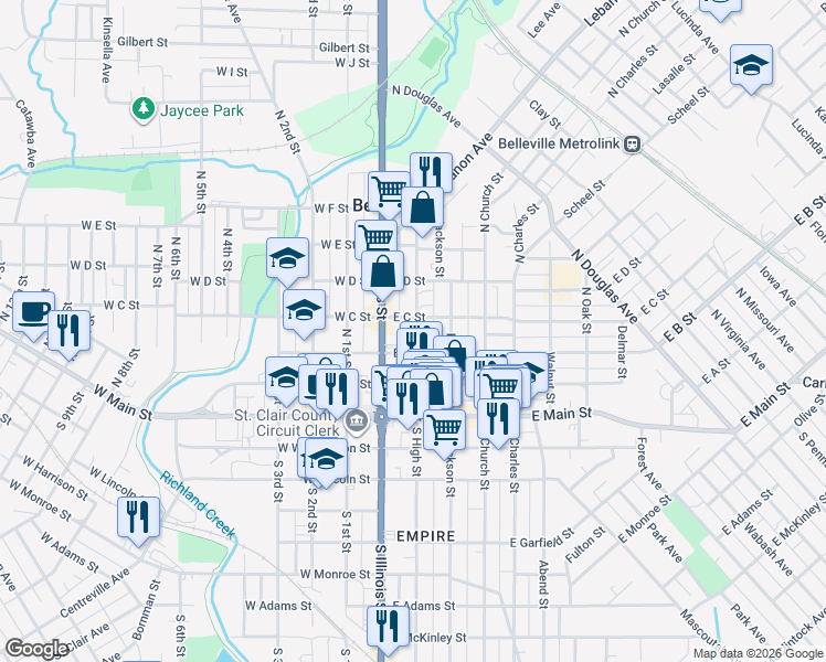 map of restaurants, bars, coffee shops, grocery stores, and more near 17 East B Street in Belleville