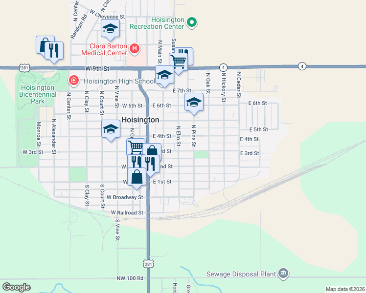 map of restaurants, bars, coffee shops, grocery stores, and more near 211 North Elm Street in Hoisington
