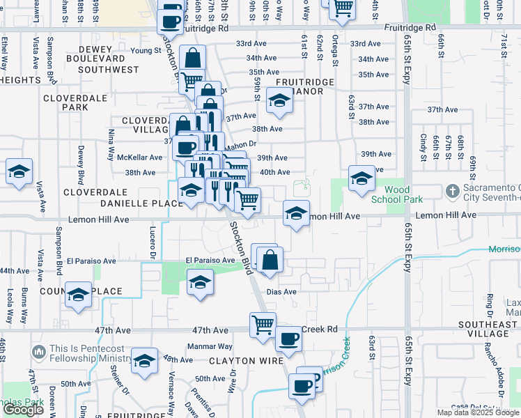 map of restaurants, bars, coffee shops, grocery stores, and more near 5508 Lemon View Way in Sacramento