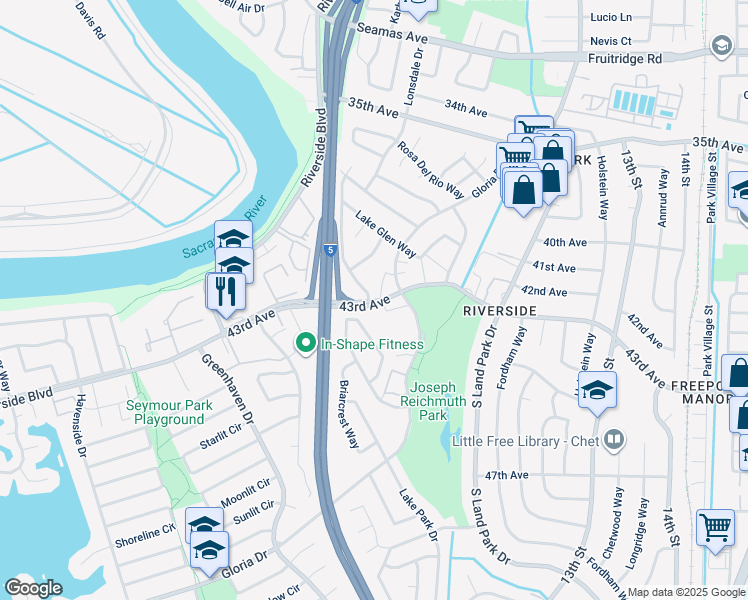 map of restaurants, bars, coffee shops, grocery stores, and more near 1043 43rd Avenue in Sacramento