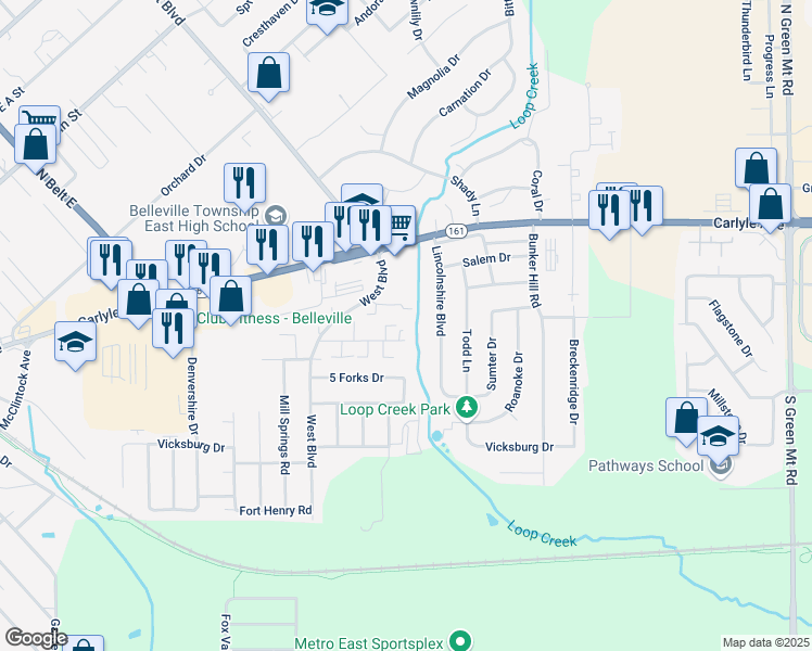 map of restaurants, bars, coffee shops, grocery stores, and more near 3 Lindbergh Circle in Belleville