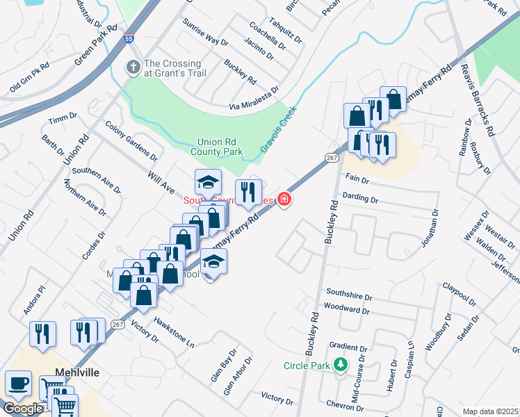 map of restaurants, bars, coffee shops, grocery stores, and more near 2929 Hallmark Lane in St. Louis
