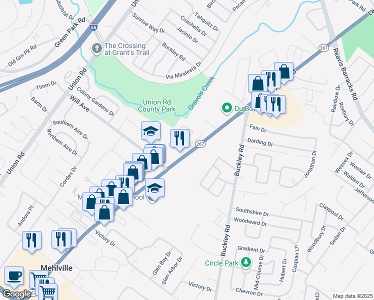 map of restaurants, bars, coffee shops, grocery stores, and more near 2929 Hallmark Lane in St. Louis
