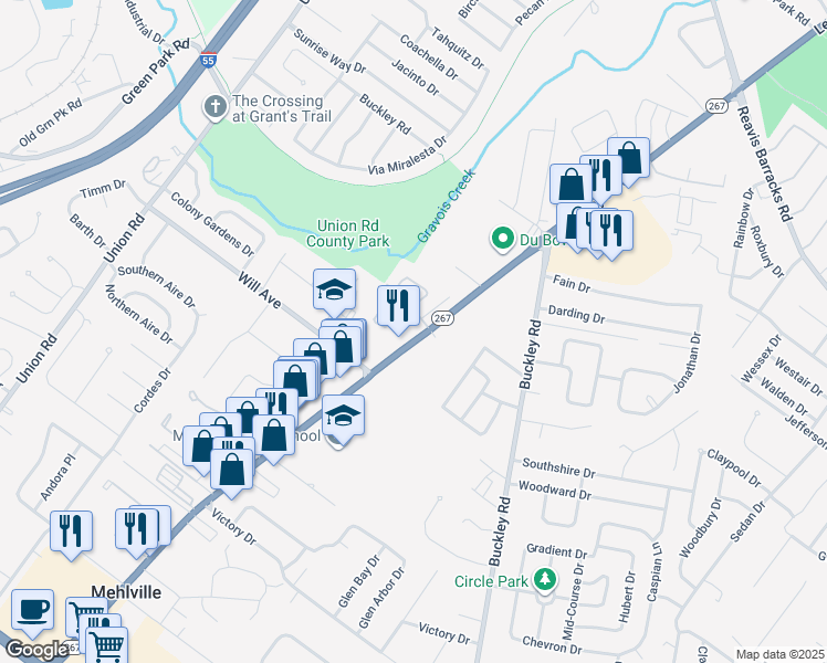 map of restaurants, bars, coffee shops, grocery stores, and more near 2929 Hallmark Lane in St. Louis