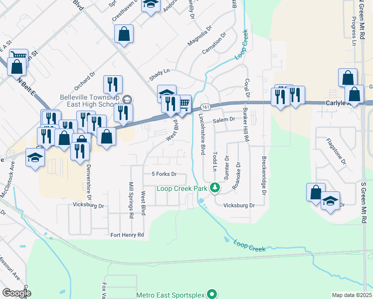 map of restaurants, bars, coffee shops, grocery stores, and more near 1045 Brookshire Court in Belleville