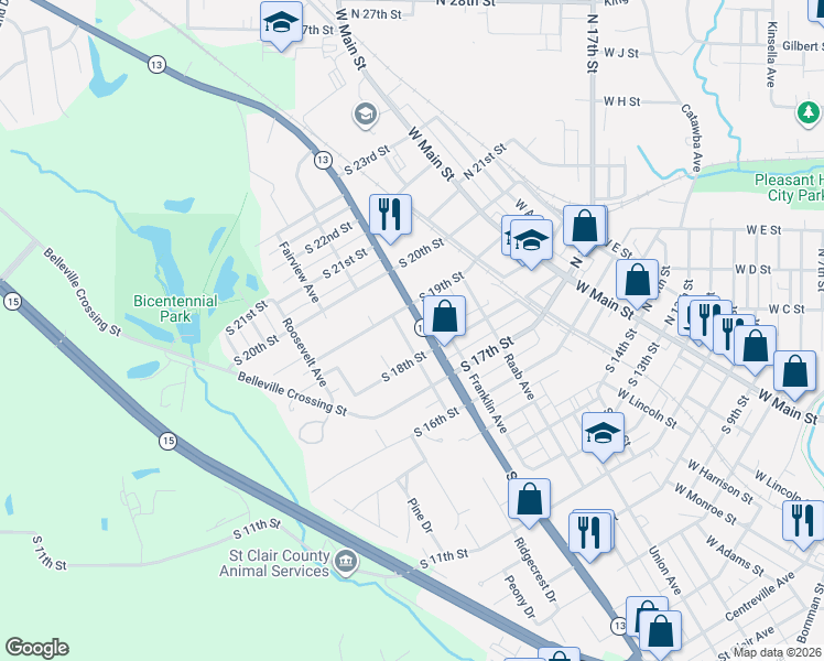 map of restaurants, bars, coffee shops, grocery stores, and more near 324 South 19th Street in Belleville
