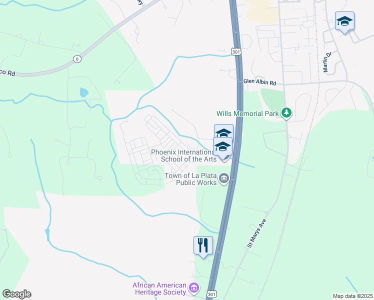 map of restaurants, bars, coffee shops, grocery stores, and more near 8 Steeplechase Drive in La Plata