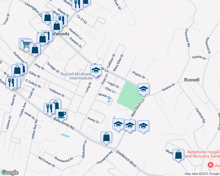 map of restaurants, bars, coffee shops, grocery stores, and more near 704-798 La Gar St in Flatwoods
