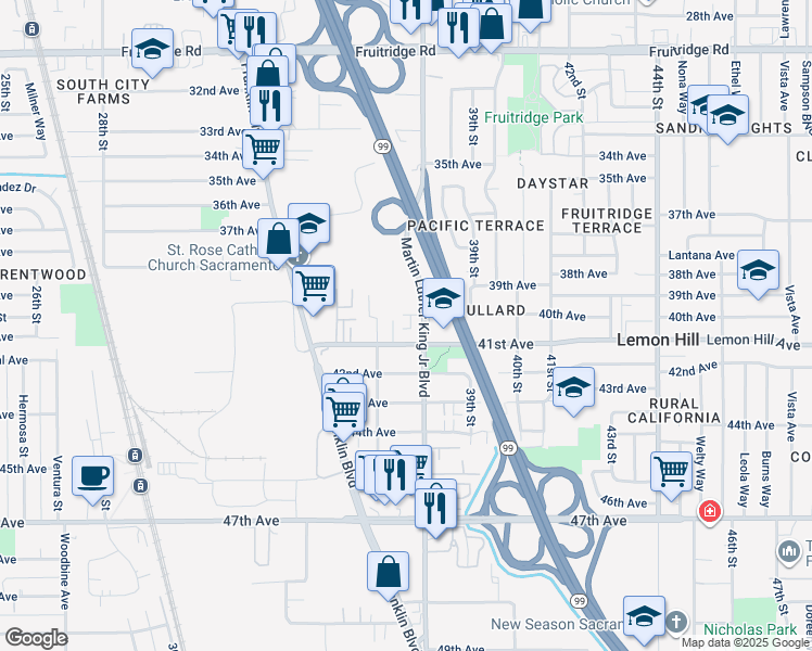 map of restaurants, bars, coffee shops, grocery stores, and more near 3801 40th Avenue in Sacramento