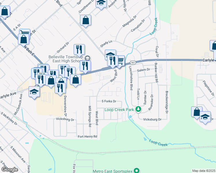map of restaurants, bars, coffee shops, grocery stores, and more near 2711 West Boulevard in Belleville