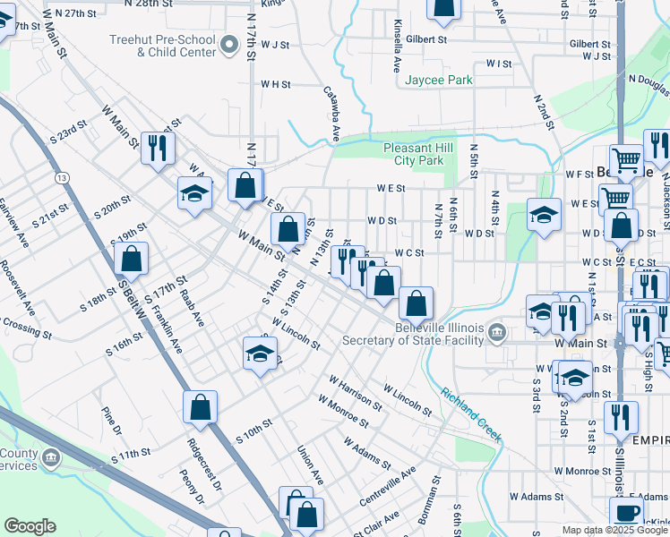 map of restaurants, bars, coffee shops, grocery stores, and more near 20 North 13th Street in Belleville