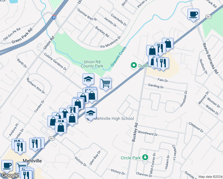 map of restaurants, bars, coffee shops, grocery stores, and more near 2929 Hallmark Lane in St. Louis