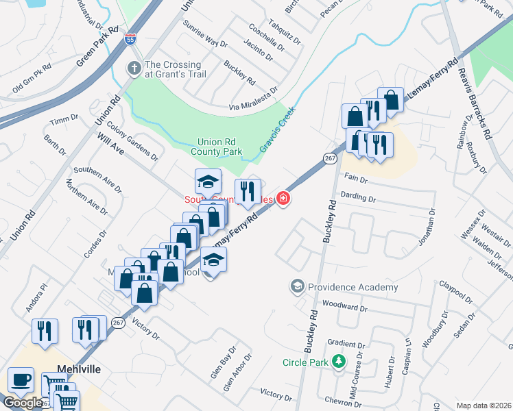 map of restaurants, bars, coffee shops, grocery stores, and more near 2929 Hallmark Lane in St. Louis