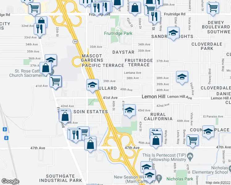 map of restaurants, bars, coffee shops, grocery stores, and more near 6019 40th Street in Sacramento