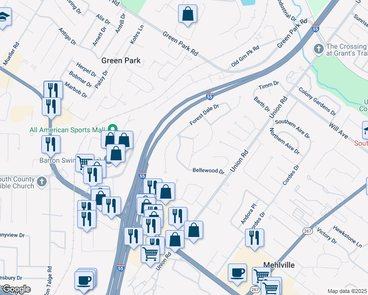 map of restaurants, bars, coffee shops, grocery stores, and more near 20 Lone Elm Drive in St. Louis