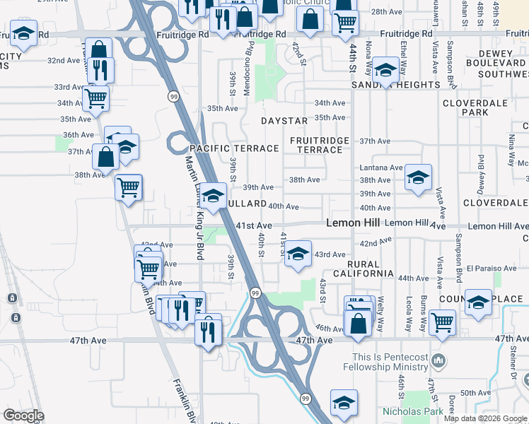 map of restaurants, bars, coffee shops, grocery stores, and more near 3943 40th Avenue in Sacramento