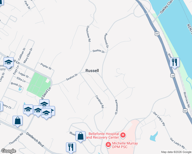 map of restaurants, bars, coffee shops, grocery stores, and more near 101-123 Gesling Rd in Russell
