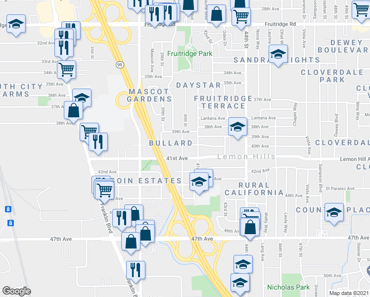 map of restaurants, bars, coffee shops, grocery stores, and more near 3943 40th Avenue in Sacramento