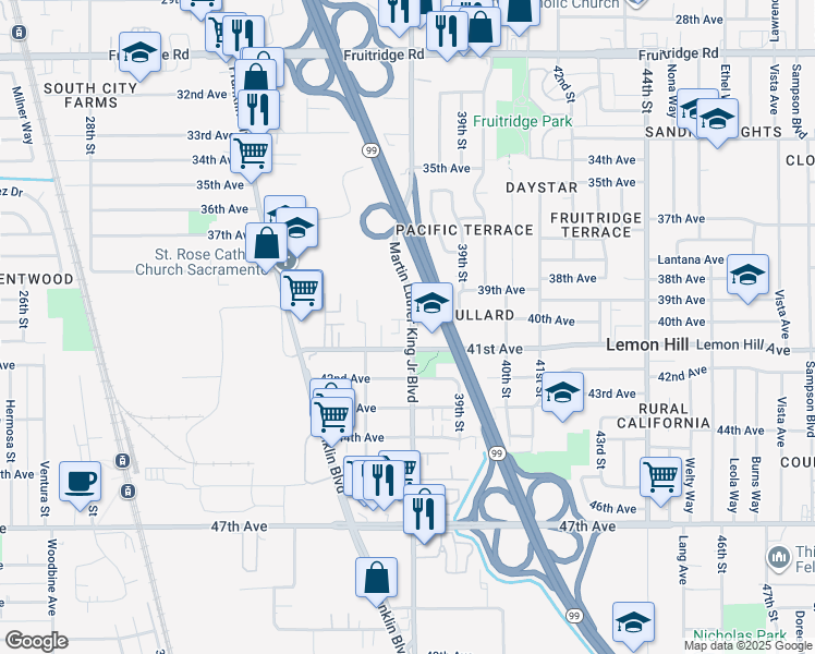 map of restaurants, bars, coffee shops, grocery stores, and more near 3801 40th Avenue in Sacramento
