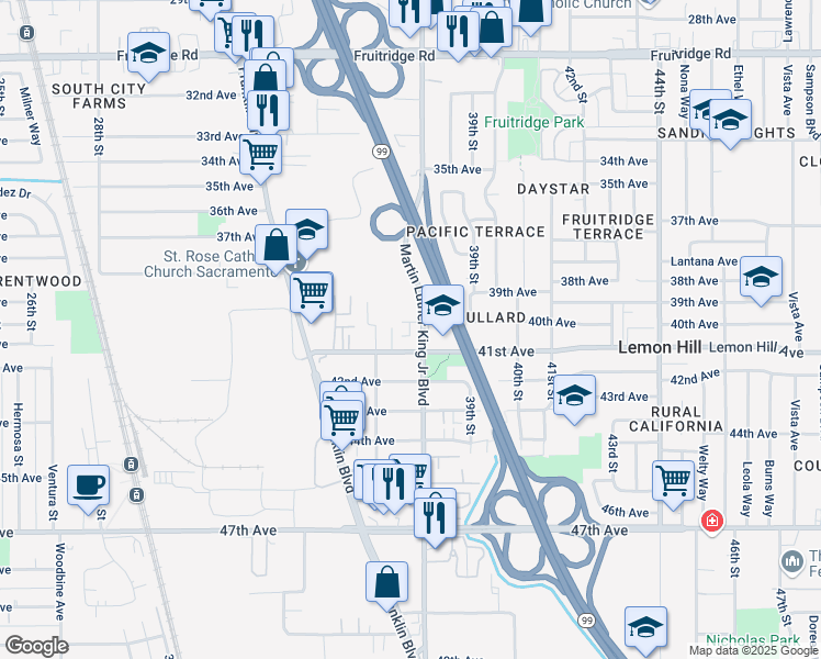 map of restaurants, bars, coffee shops, grocery stores, and more near 3801 40th Avenue in Sacramento