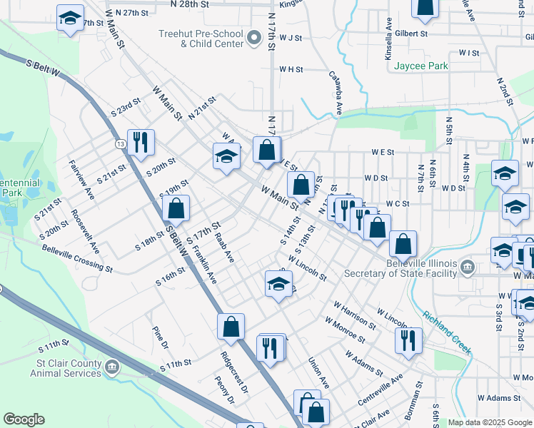 map of restaurants, bars, coffee shops, grocery stores, and more near 9 South 15th Street in Belleville