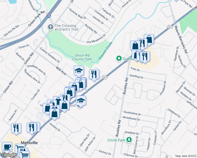 map of restaurants, bars, coffee shops, grocery stores, and more near 2929 Hallmark Lane in St. Louis