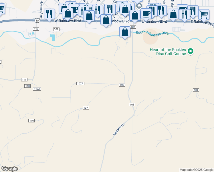 map of restaurants, bars, coffee shops, grocery stores, and more near County Road 107 in Salida
