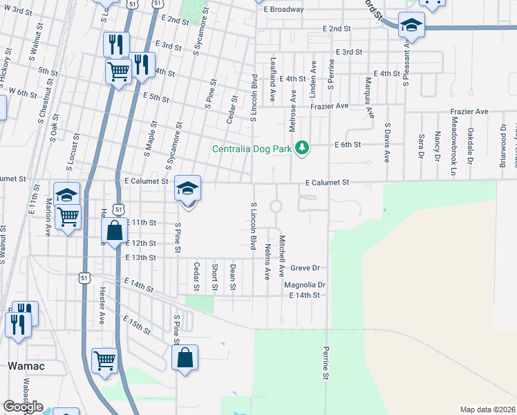 map of restaurants, bars, coffee shops, grocery stores, and more near 801-999 South Lincoln Boulevard in Centralia