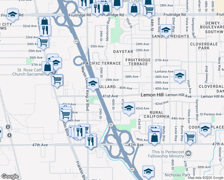 map of restaurants, bars, coffee shops, grocery stores, and more near 6016 40th Street in Sacramento