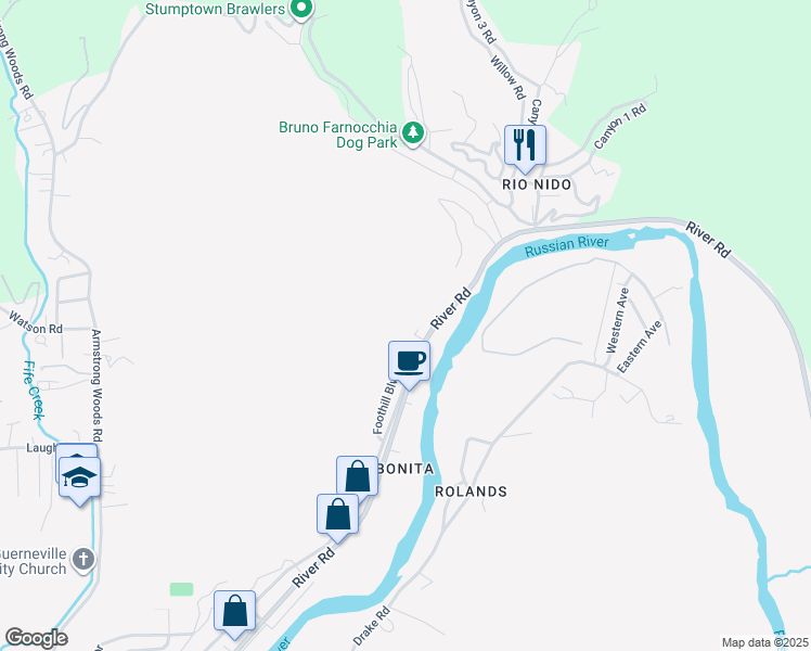 map of restaurants, bars, coffee shops, grocery stores, and more near 14860 River Road in Guerneville