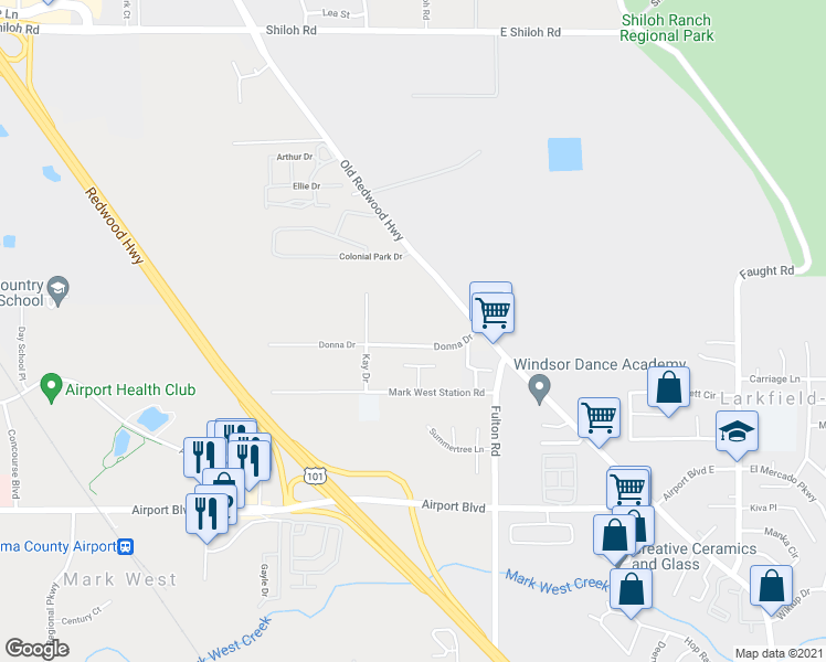 map of restaurants, bars, coffee shops, grocery stores, and more near 129 Donna Drive in Windsor