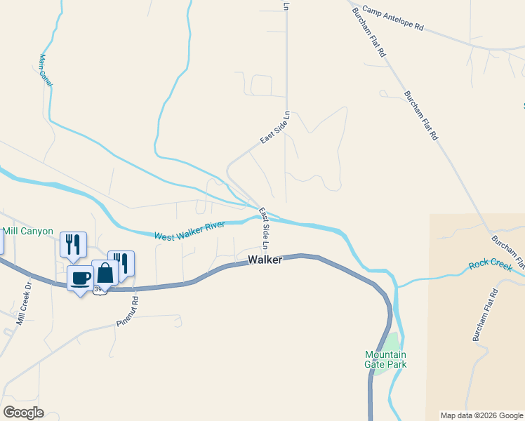 map of restaurants, bars, coffee shops, grocery stores, and more near 162 East Side Lane in Coleville