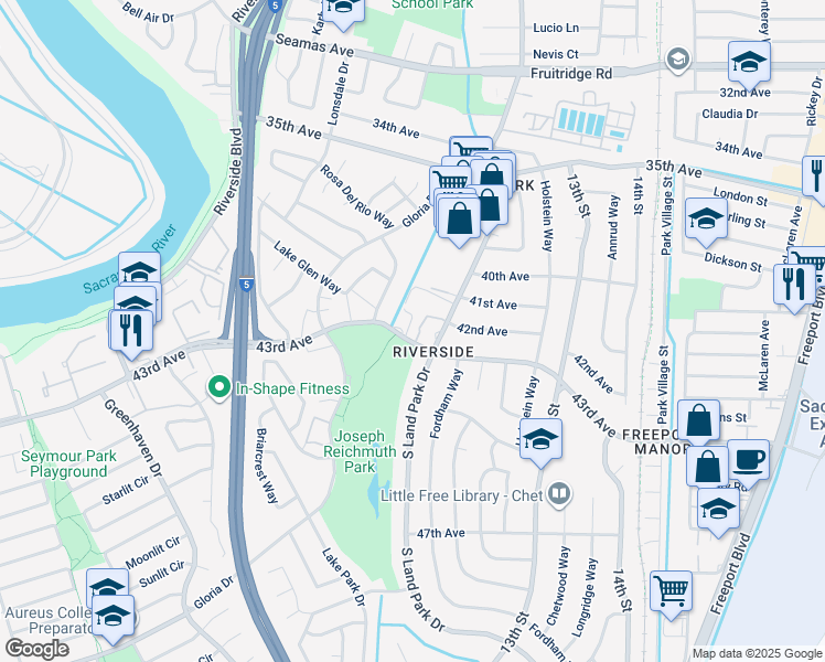 map of restaurants, bars, coffee shops, grocery stores, and more near 1199 43rd Avenue in Sacramento