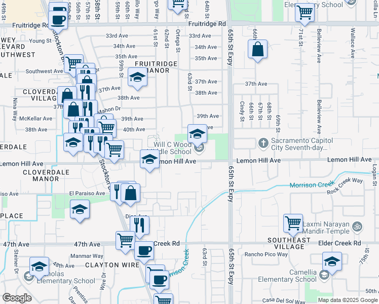map of restaurants, bars, coffee shops, grocery stores, and more near 6201 Lemon Hill Avenue in Sacramento